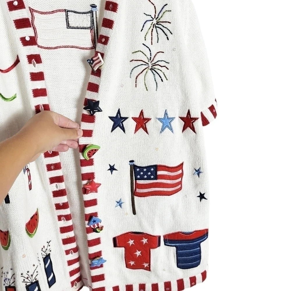 NWOT VTG Quacker Factory embroidered beaded patriotic cardigan sweater America - Picture 3 of 9